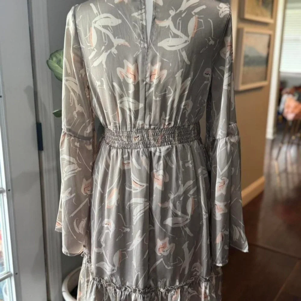Floral Print‎ Long Sleeve Midi Dress Bell Sleeve V Neck Boho Subtle Boutique